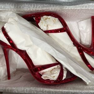 Christian Louboutin Emilie 100 Loubi Red Slingback Heel Sandals 38.5 w Heel Taps